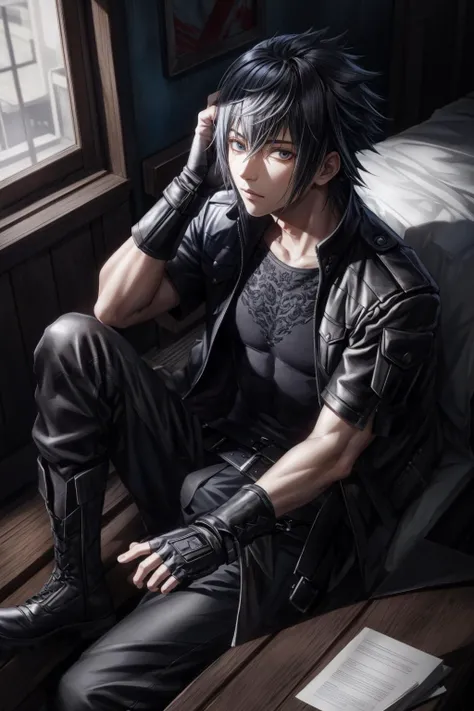 masterpiece, best quality, noctis, black jacket, fingerless gloves, black shirt, belt, black pants, boots, sitting, from above, looking at viewer <lora:noctis-nvwls-v1-000010:0.9>