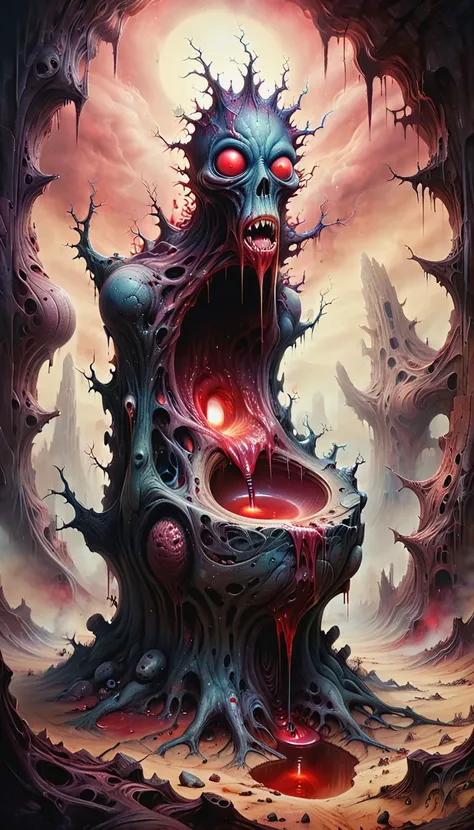 Acrylic Painting a vivid scifi illustration of fantastical surrealism DonMX3n0XL, nightmare organic Multi-eyed evil ral-melting toilet of death, horror,
rocky desert, deep canyon, dry tree, atmosphere of fear, blood, hatred
in style of ZdzisBaw BeksiDski, Jacek Yerka
<lora:DonMX3n0XL:0.4> <lora:abysues:0.5> abysues, abx <lora:ral-dissolve0.7> ral-dissolve <lora:xl_more_art-full_v1:0.7>, <lora:ral-melting-sdxl:0.25>