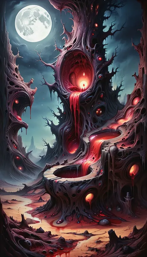 Acrylic Painting a vivid scifi illustration of fantastical surrealism DonMX3n0XL, nightmare organic Multi-eyed evil ral-melting toilet of death, horror,
rocky desert, deep canyon, dry tree, night, big full moon, atmosphere of fear, blood, hatred
in style of ZdzisBaw BeksiDski, Jacek Yerka
<lora:DonMX3n0XL:0.4> <lora:abysues:0.5> abysues, abx <lora:ral-dissolve0.7> ral-dissolve <lora:xl_more_art-full_v1:0.7>, <lora:ral-melting-sdxl:0.25>