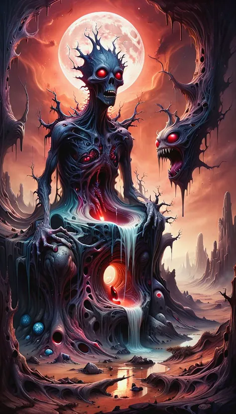 Acrylic Painting a vivid scifi illustration of fantastical surrealism DonMX3n0XL, nightmare organic Multi-eyed evil ral-melting toilet of death, horror,
rocky desert, deep canyon, dry tree, night, big full moon, atmosphere of fear, blood, hatred
in style of ZdzisBaw BeksiDski, Jacek Yerka
<lora:DonMX3n0XL:0.5> <lora:abysues:0.5> abysues, abx <lora:ral-dissolve0.8> ral-dissolve <lora:xl_more_art-full_v1:0.7>, <lora:ral-melting-sdxl:0.5>