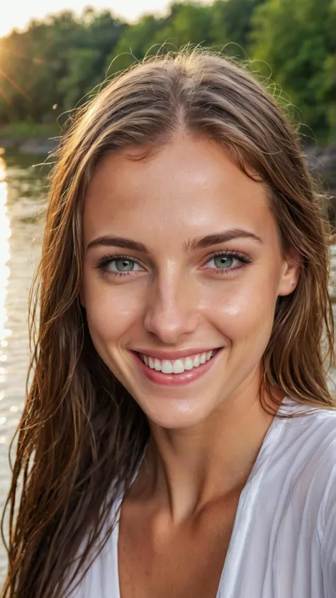 Raw photo of a Caucasian race beautiful woman, nearby river, long hair, (selfie), bang obscure eyes. Big smile. Wet white tunic. outdoor. Realistic, warm studio lighting, sharp focus, colorful, depth of field, best quality, focus F/2 105mm Wide lens, simple background, ISO 100, 16k resolution.