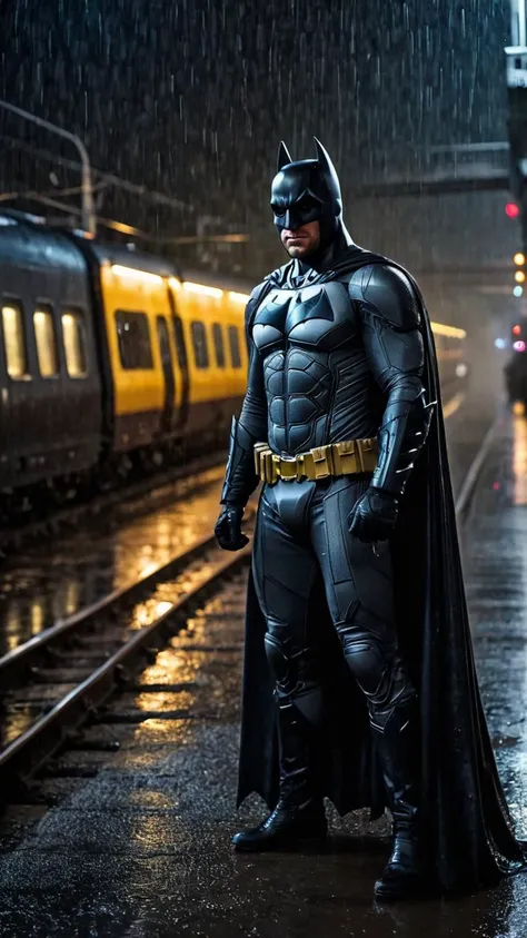 Raw photo of a Batman in the dark, stand ower Metropolis train, rain, wet, dark noir, horror. Futuristic outdoor. Realistic, warm studio lighting, sharp focus, colorful, depth of field, best quality, focus F/2 105mm Wide lens, simple background, ISO 100, 16k resolution.