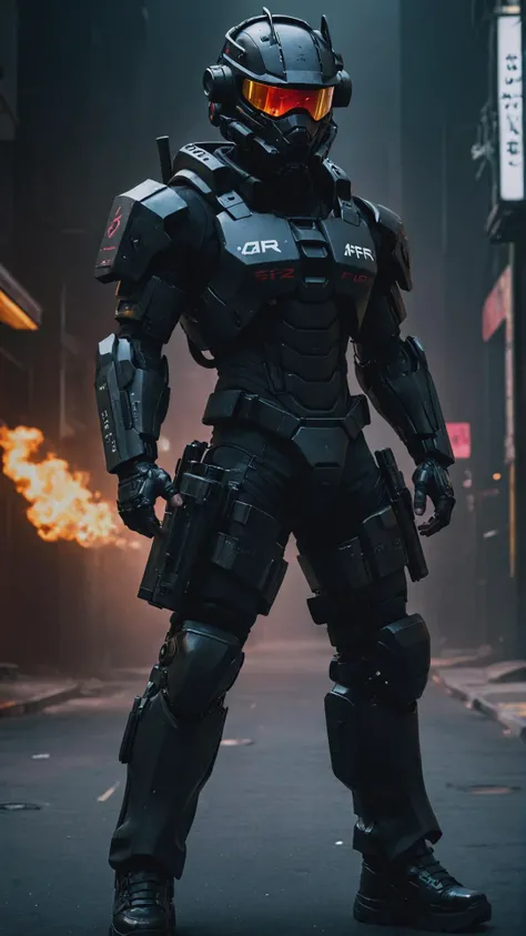 full body shot, soldier standing on the street, in the dark, cyberpunk, soldier, helmet, mecha, sci-fi armor, black matte angular armor, white text on chest AR-15, Bladerunner 2049, Cyberpunk2077, Man wearing fire fighter uniform, <lora:add-detail-xl:1>