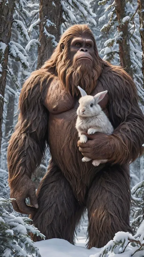 a hiding and grumpy sasquatch concealed by trees, holding a rabbit by the ears, winter, snow, award winning masterpiece, extremely detailed, detailed background, cinematic, sharp focus, fractal, colorful, depth of field, best quality, 16k resolution,, <lora:add-detail-xl:1>