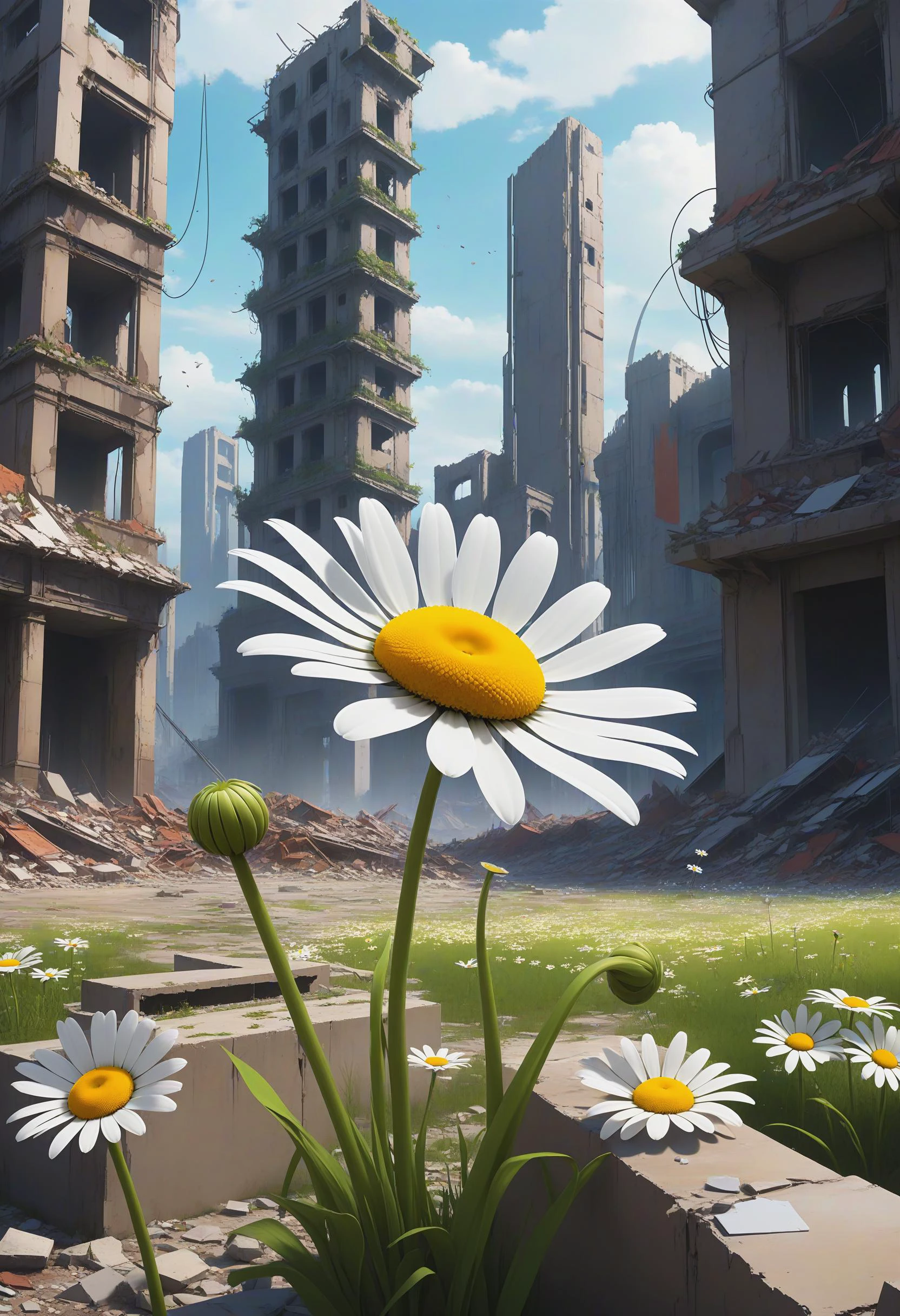 anime artwork Amid the desolation of a post-apocalyptic landscape, the ruins of a futuristic city. Yet in the foreground, a single daisy blooms, its delicate petals contrasting sharply with the surrounding decay. In its simplicity hides a glimmer of hope and poetry in the midst of the rubble. inventive artistic figural composition . anime style, key visual, vibrant, studio anime, highly detailed