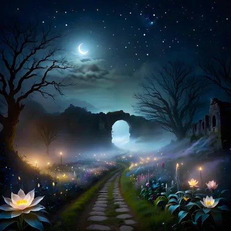 dark path in misty hills, fireflies, will-o-wisps, mystic, crescent moon, 1moon, ancient ruins on background, (nighttime),  (glowing fog:1.2), muted colors, aesthetic, Dark Fantasy, Otherworldly, Surreal, 16K, dreamy, (Starlight:0.9), Ambrotype, beautiful, masterpiece, highest quality, 32k, depth of field, best quality, cinematic, movie still, high contrast, atmospheric, perfect, HDR, absurdres, celestial, crystalline, natural wonder, nice looking, vaporwave, cold light, (dim light), bloom, award winner, night, <lora:Meaning_Full_Power-000001:2.0>