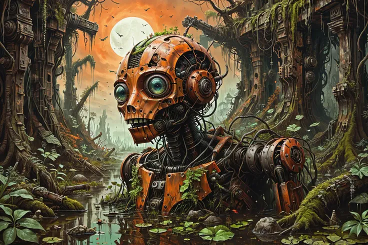a vivid scifi illustration of fantastical surreal broken rusted and overgrown war robot drowned in a swamp, destroyed weapons, machinery, moss, leaves, trees, jungle, dark-orange sky,
<lora:Dystopia:0.25> <lora:The_Crazy_Style:0.3>
<lora:linquivera:0.7> linquivera
<lora:illusionix:1> illusion