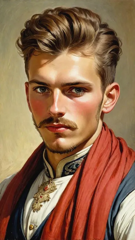 1905, portrait of a young Cossack, sketch and cuban, hairstyle with scarf