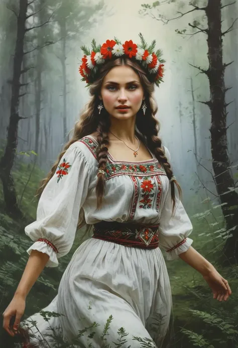 Vintage poster of a beautiful Slavic woman’s face in traditional slavic costume, flower crown, dancing in the forest, realistic style, concept art, Gabriele Dell'otto, Style AI Midjourney