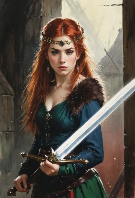 Inside an ancient wooden hall filled with soft light, a young woman with long red hair holds a sword in her hands. Her facial expression is focused and thoughtful, as if she is evaluating a weapon or preparing for an important decision. The woman is dressed in a dark green dress with a fur cape, emphasizing her status and noble origin. A narrow leather belt with decorative elements completes her look. On her head she wears an elegant diadem, symbolizing her belonging to a noble family. Her entire appearance radiates determination and inner strength, giving the impression that she is preparing for an important mission or protecting something dear to her heart, painting in the style of Anders Zorn, Alexi Brilo, Luisa Royo, Studio Ghibli Genshin Impact