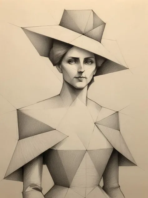 <lora:gformix:0.8> gformix, geometric sketch of a Victorian era woman wearing a hat