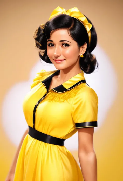 (Photo:1.3) of (Realistic:1.3),(Happy:1.3) emannuelle2 wearing a milk maid dress, (yellow milk maid dress), (upright pin curl hairstyle), (dark hair), (bedroom background), elegant, highly detailed. vibrant, photorealistic, realistic, sharp focus, 8k