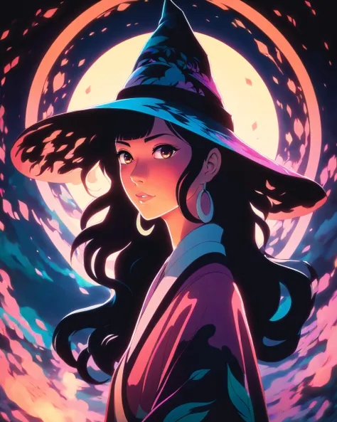 a witch, wearing witches hat, black hair, no markings, dramatic lighting, chromatic aberration, anime style, sharp focus, natural background, backlit, light leak, glow, alternating pastel tones, well drawn hands, good hands, illustrative