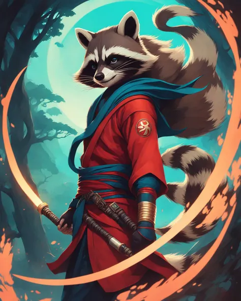 (racoon ninja:1.5), peter mohrbacher and mario testino masterpiece, best quality, intricate, highly detailed:1.1, digital painting, octane render, artstation, concept art, Fractal flame, Merkaba, visionary art, <lora:bcklt:.7>