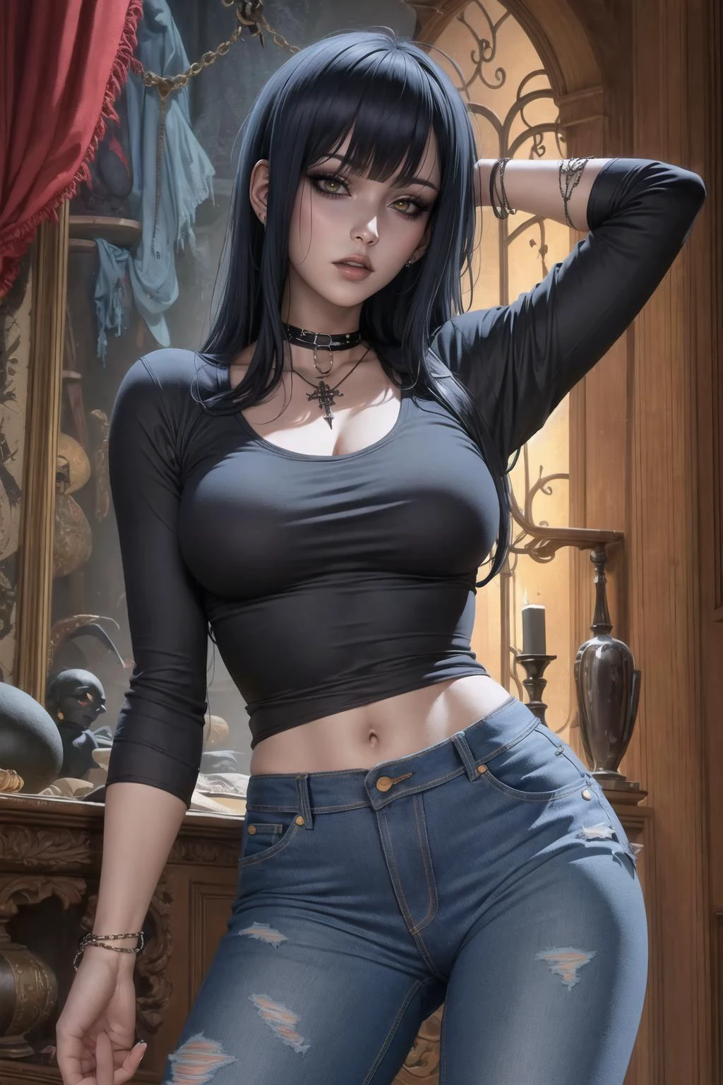 night, long blunt bangs, dark, blue cutoff jeans, Woman, (emo, gothic, dark), dark clothing, portrait, standing, <lora:opeLoRAv6.0:.8>