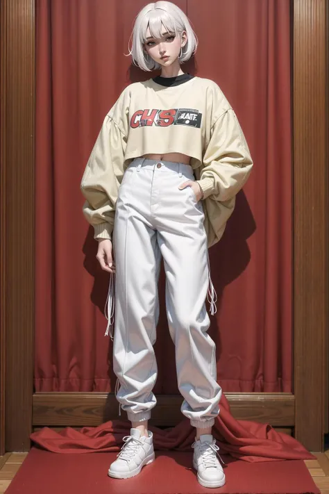 (maximum quality, highres:1.2), 1girl, white hair, <lora:opeLoRAv5.1:.6>, baggy pants, oversized clothes,