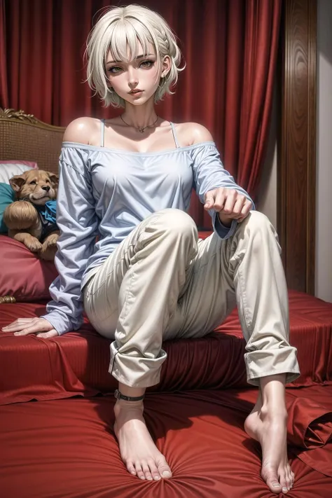 (maximum quality, highres:1.2), 1girl, ((white hair)), <lora:opeLoRAv5.1:1>, baggy pants, oversized clothes, off shoulder, barefoot, (bedhead, messy hair:1.3)