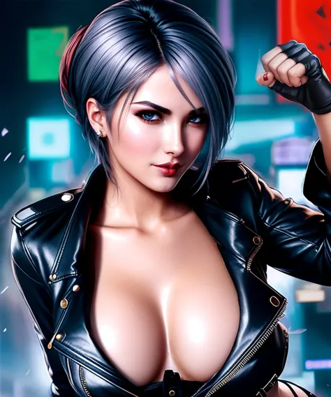 a busty woman, posing, by conor harrington <lora:AngelKOF:0.85>, (Cyberpunk), futuristic, neon, urban, dystopian, ,"(intricate details:0.9), (hdr, hyperdetailed:1.2)