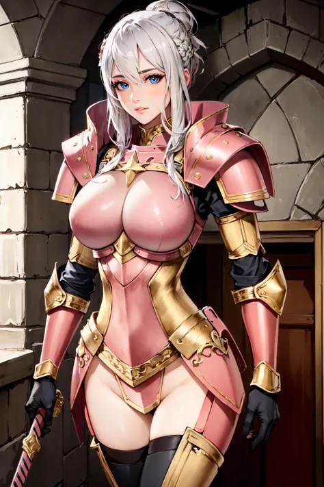 extremly detaled, dynamic sexy pose, bare feet, detaled feet, feet focus perspective,goddess, shine gold  heavy armor with red finish, long white hair, red cape and scarf, midget, gold hair clip, big tits, full armor