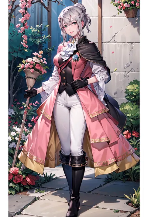 standing,smile,looking looking at viewer, <lora:effieV2-000014:0.9>,val_effie,pink coat, jacket,gloves, boots,pants,flower, ascot,knee boots, black cape, black footwear, black gloves, breasts, medium breasts, pink long sleeves,detached sleeves, bow, white pants, buttons,garden,(masterpiece, best quality, ultra-detailed, best shadow)