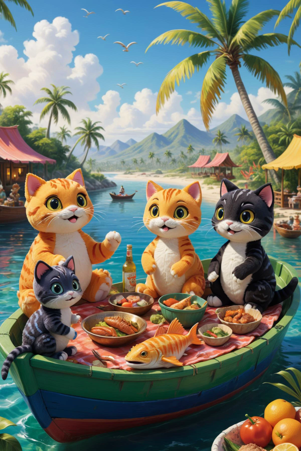 A masterpiece of award-winning artwork depicts a plush cat family enjoying a fish-cooking picnic on a vibrant, playful boat. The scene is rich with intricate details, featuring a wide range of colors and high dynamic contrasts. In the background, palm trees sway gently in the distance, adding to the tropical ambiance. Nearby, plush dinosaurs are engaged in lively games, while dinosaurs eagerly watch the food being grilled, their eyes wide with anticipation. The overall image is a feast for the eyes, brimming with extreme detail and capturing a whimsical, joyful moment.
<lora:woafu_plushify_sdxl_v02:1.0> plushify, character stuffed toy, chibi,
<lora:add-detail-xl:1>,
<lora:XDetail_light:0.75>,
<lora:xl_more_art-full_v1:0.5>