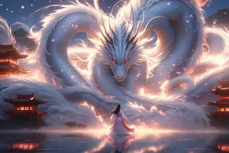 (BJ_Sacred_beast, giant fire eastern dragon in background:1.3), (1girl, beautiful asian girl with glowing eyes and glowing hands, standing, looking at viewer, round face, facial mark, forehead mark, blush, long hair, floating hair, brown hair, hair ornament, large breasts, narrow waist, chinese clothes, long sleeves, wide sleeves, see-through sleeves, jewelry, earrings, high detail skin, real skin), aura, illuminating chinese calligraphy, energy flow, falling petals, wind, blurry background, masterpiece, top quality, best quality, official art, beautiful and aesthetic, (Glowing ambiance, enchanting radiance, luminous lighting, ethereal atmosphere, mesmerizing glow, evocative hues, captivating coloration, dramatic lighting, enchanting aura), ultra realistic, soft colors, <lora:SDXL_Sacred_beast:0.9> <lora:XDetail_light:0.8>