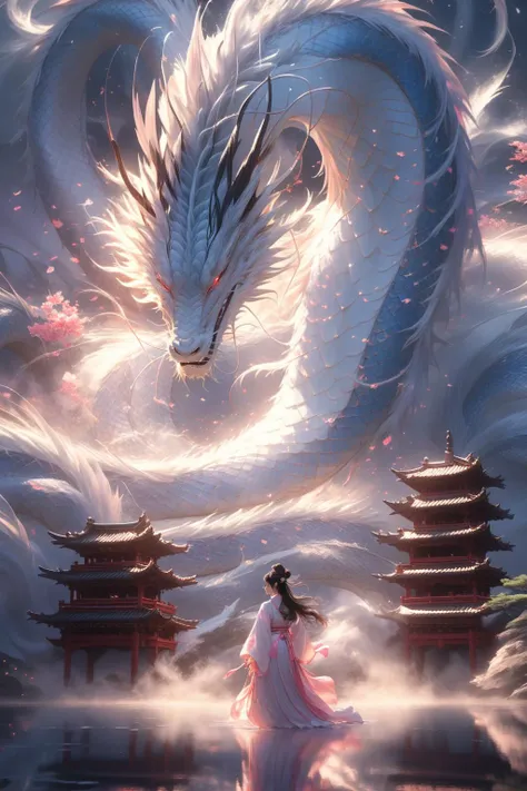 (BJ_Sacred_beast, from below, giant eastern dragon aura in background:1.5), 1girl, beautiful asian girl, standing, looking at viewer, round face, facial mark, forehead mark, glowing eyes, blush, long hair, floating hair, brown hair, hair ornament, large breasts, narrow waist, chinese clothes, long sleeves, wide sleeves, see-through sleeves, jewelry, earrings, high detail skin, real skin, hands on fire, aura, illuminating chinese calligraphy, energy flow, falling petals, wind, blurry background, masterpiece, top quality, best quality, official art, beautiful and aesthetic, (Glowing ambiance, enchanting radiance, luminous lighting, ethereal atmosphere, mesmerizing glow, evocative hues, captivating coloration, dramatic lighting, enchanting aura), ultra realistic, soft colors, <lora:SDXL_Sacred_beast:0.9> <lora:XDetail_light:0.8>
