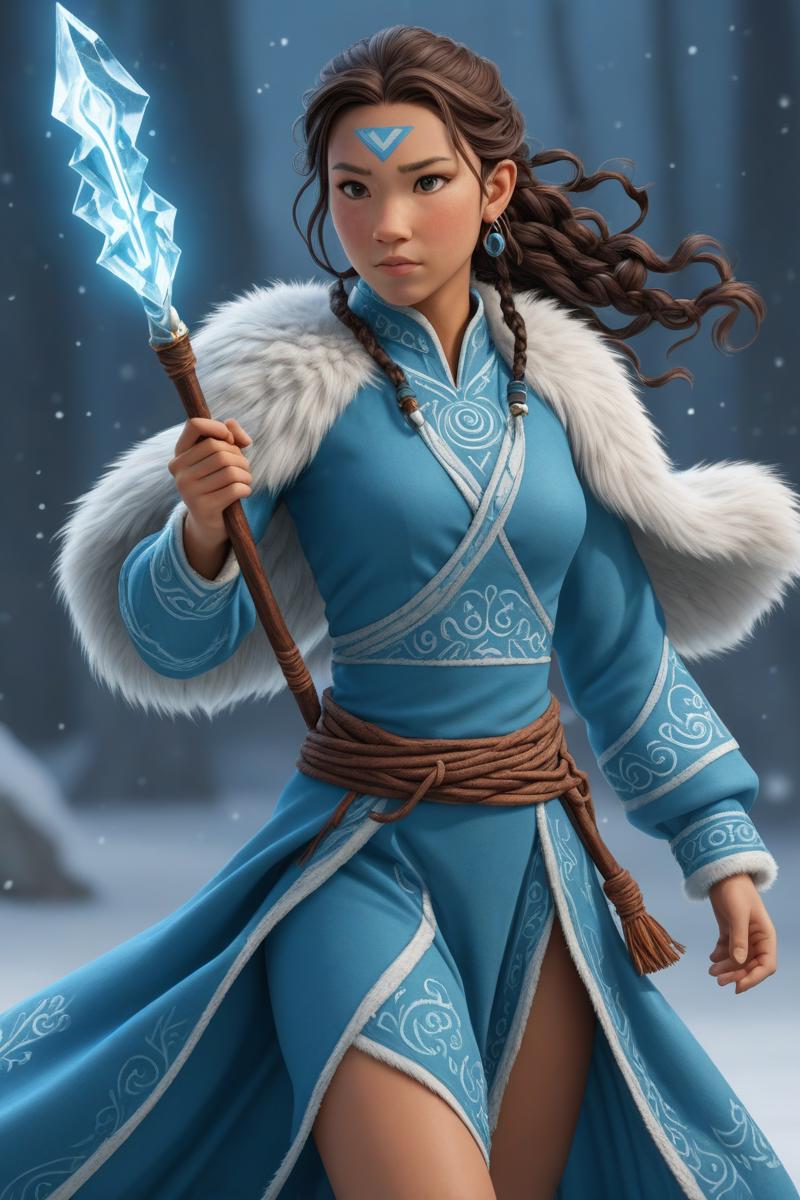 A woman in blue outfit holding a sword and a sword - SeaArt AI