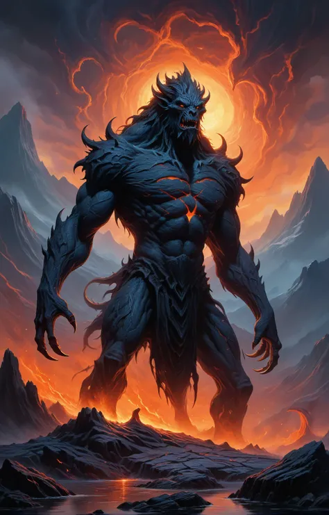 A captivating illustration of a devilish creature with horns, a furry body, and hooves. He stands tall in the fiery depths of Hell, within the temple of Satan. The background showcases an inferno of flames, with lava flows and twisted, tormented souls. The devil wields a pitchfork menacingly, casting an ominous shadow over the scene. The overall atmosphere is dark and foreboding, evoking a sense of fear and awe, photo