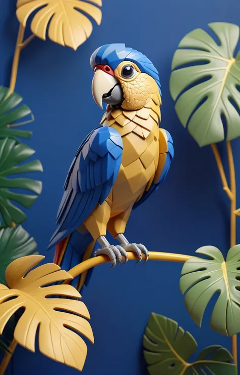 3d isometric, blender render, soft colorful-hued colors, honey gold and olympian blue color blocking, a tiny and cute parrot perched on a branch with monstera leaves in the background <lora:XDetail_heavy:1.5> Two tone lighting, abstract geometric gradients, geometric shapes, simple background