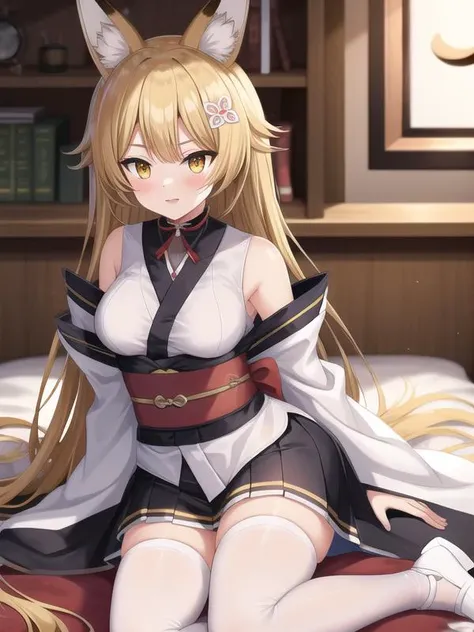 (hyper extreme detailed),(masterpeace),(best quality),(hyper extreme),CG,indoors,in bed,1girl, <lora:sendai:1> sendai,blonde hair,hair ornament, long hair, animal ears, yellow eyes, white kimono,white miniskirt,ribbon obi,white shirt,black thighhighs,sleeveless, open clothes,