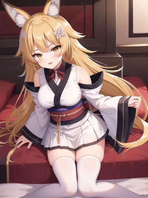 (hyper extreme detailed),(masterpeace),(best quality),(hyper extreme),CG,indoors,in bed,1girl, <lora:sendai:1> sendai,blonde hair,hair ornament, long hair, animal ears, yellow eyes, white kimono,white miniskirt,ribbon obi,white shirt,black thighhighs,sleeveless, open clothes,