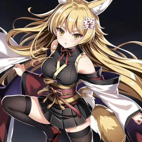 (hyper extreme detailed),(masterpeace),(hyper extreme),(photorealistic),CG, <lora:sendai_v2:1>,sendai,blonde hair, long hair, animal ears, yellow eyes, white kimono,black thighhighs,geta,white skirt,