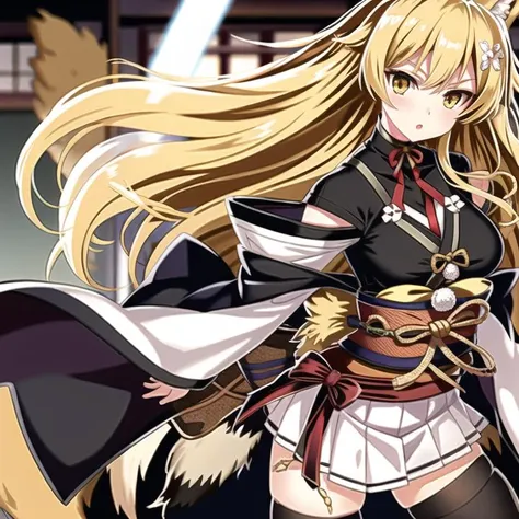 (hyper extreme detailed),(masterpeace),(hyper extreme),(photorealistic),CG, <lora:sendai_v2:1>,sendai,blonde hair, long hair, animal ears, yellow eyes, white kimono,black thighhighs,geta,white skirt,