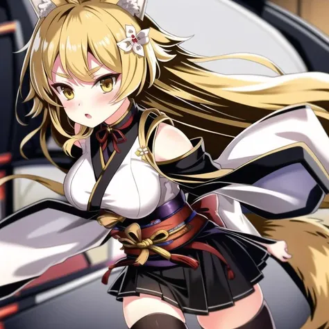 (hyper extreme detailed),(masterpeace),(hyper extreme),(photorealistic),CG,  <lora:sendai_v2:1>,sendai,blonde hair, long hair, animal ears, yellow eyes, white kimono,black thighhighs,geta,white skirt,