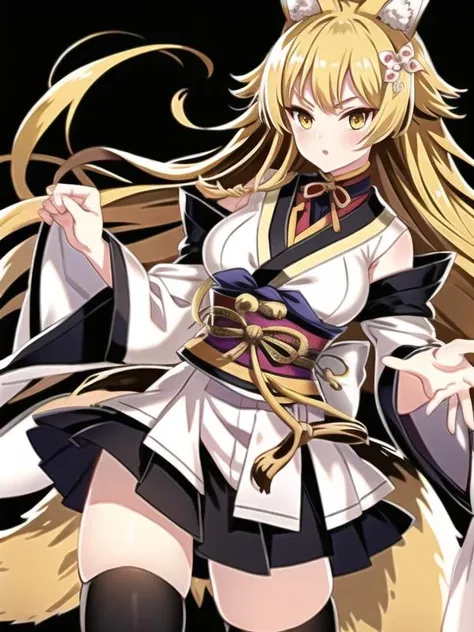 (hyper extreme detailed),(masterpeace),(hyper extreme),(photorealistic),CG, <lora:sendai_v2:1>,sendai,blonde hair, long hair, animal ears, yellow eyes, white kimono,black thighhighs,geta,white skirt,