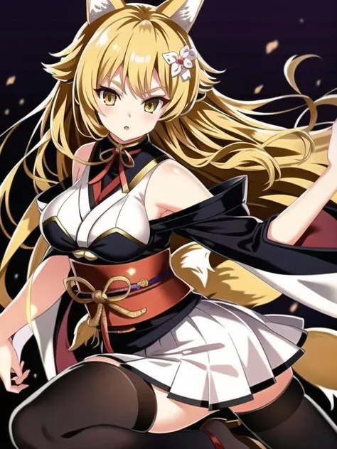 (hyper extreme detailed),(masterpeace),(hyper extreme),(photorealistic),CG, <lora:sendai_v2:1>,sendai,blonde hair, long hair, animal ears, yellow eyes, white kimono,black thighhighs,geta,white skirt,