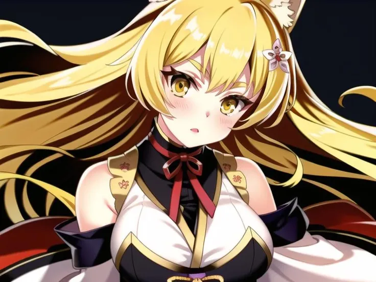 (hyper extreme detailed),(masterpeace),(hyper extreme),(photorealistic),CG,  <lora:sendai_v2:1>,sendai,blonde hair, long hair, animal ears, yellow eyes, white kimono,black thighhighs,geta,white skirt,