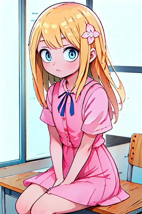 (masterpiece, best quality), 1girl,  <lora:himeno_lora_ver1:1> himeno, blue eyes, blonde hair, long hair, hair ornament, hair flower, ribbon, short sleeves, shirt, pink dress, pink skirt, sitting in classroom,