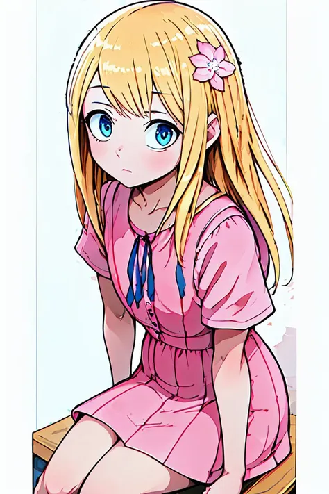 (masterpiece, best quality), 1girl,  <lora:himeno_lora_ver1:1> himeno, blue eyes, blonde hair, long hair, hair ornament, hair flower, ribbon, short sleeves, shirt, pink dress, pink skirt, sitting in classroom,