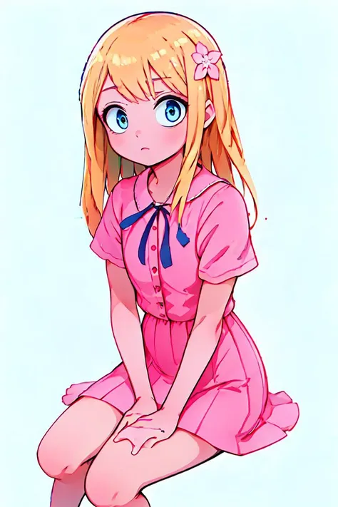 (masterpiece, best quality), 1girl,  <lora:himeno_lora_ver1:1> himeno, blue eyes, blonde hair, long hair, hair ornament, hair flower, ribbon, short sleeves, shirt, pink dress, pink skirt, sitting in classroom,