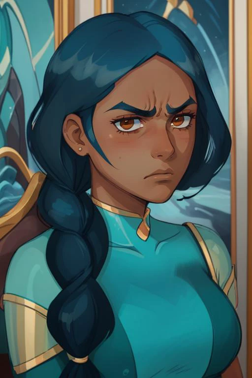mermista, hair over the shoulder, single braid, portrait, dark-skinned female, frown, paldrons, masterpiece, best quality <lora:mermista-000018:0.7>