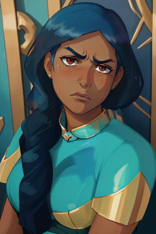 mermista, hair over the shoulder, single braid, portrait, dark-skinned female, frown, paldrons, masterpiece, best quality <lora:mermista-000018:0.85>
