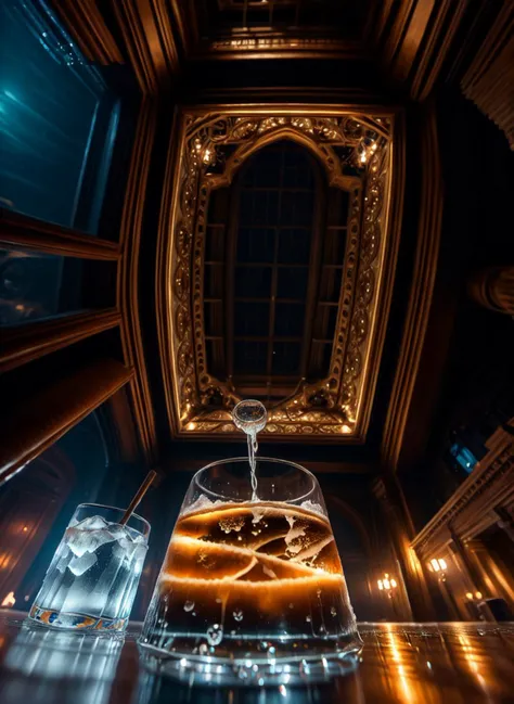 Gothic style <lora:Fr0gt0w3r:1.1> Product ad, flass of water, ice cubes, straw, bubbles,from below, masterpiece, intricate, highly detailed, photorealistic . Dark, mysterious, haunting, dramatic, ornate, detailed