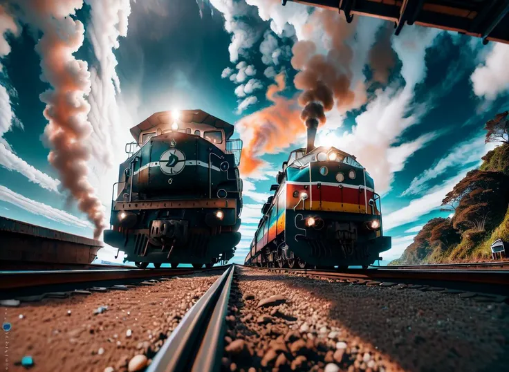 Nautical-themed <lora:Fr0gt0w3r:1.3> train on traintracks, smoke, black engine, bokeh, rushing, artistic, from below,  vibrant colors, sun glare, masterpiece, intricate, highly detailed, photorealistic . Sea, ocean, ships, maritime, beach, marine life, highly detailed