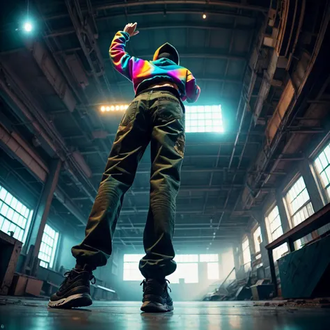 Dystopian style <lora:Fr0gt0w3r:1.0> hip hop dancer standing on one leg, baggy pants, hoodie, long hair, (dance:1.1) , artistic, from below, vibrant colors, sun glare, masterpiece, intricate, highly detailed, photorealistic . Bleak, post-apocalyptic, somber, dramatic, highly detailed