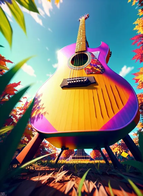 low-poly style <lora:Fr0gt0w3r:1.1> Product advert, Single accoustic guitar standing on grass in a stand, focused, vibrant colors, colorful, beautiful autumn, masterpiece, intricate, highly detailed, artstation, . low-poly game art, polygon mesh, jagged, blocky, wireframe edges, centered composition