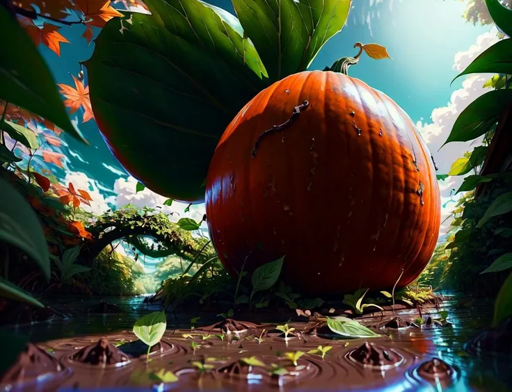 <lora:Fr0gt0w3r:1.5> Oilpainting of huge orange pumpkin on mud, green vines, leaves, vibrant, summer, anime sky in the background, masterpiece, intricate, highly detailed, ArtStation, concept art,