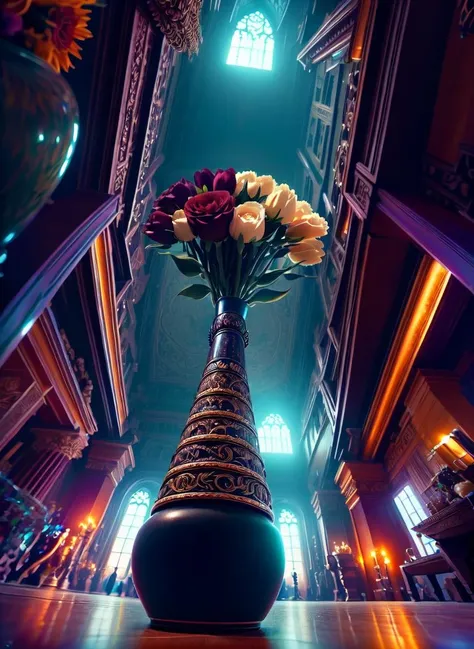 Gothic style <lora:Fr0gt0w3r:1.4> Product ad, vase of flowers, colorful,from below, masterpiece, intricate, highly detailed, photorealistic . Dark, mysterious, haunting, dramatic, ornate, detailed