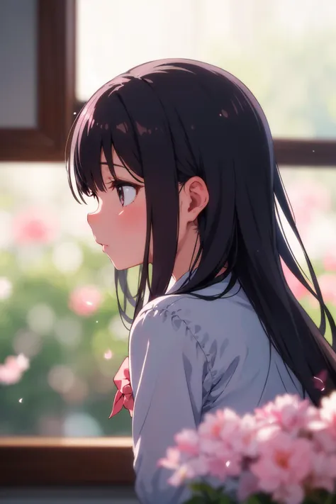 a girl, (out the window:1.1), (outside view:1.1), From the third person, fluttering petals, (depth of field, blurry, blurry background, bokeh:1.2)